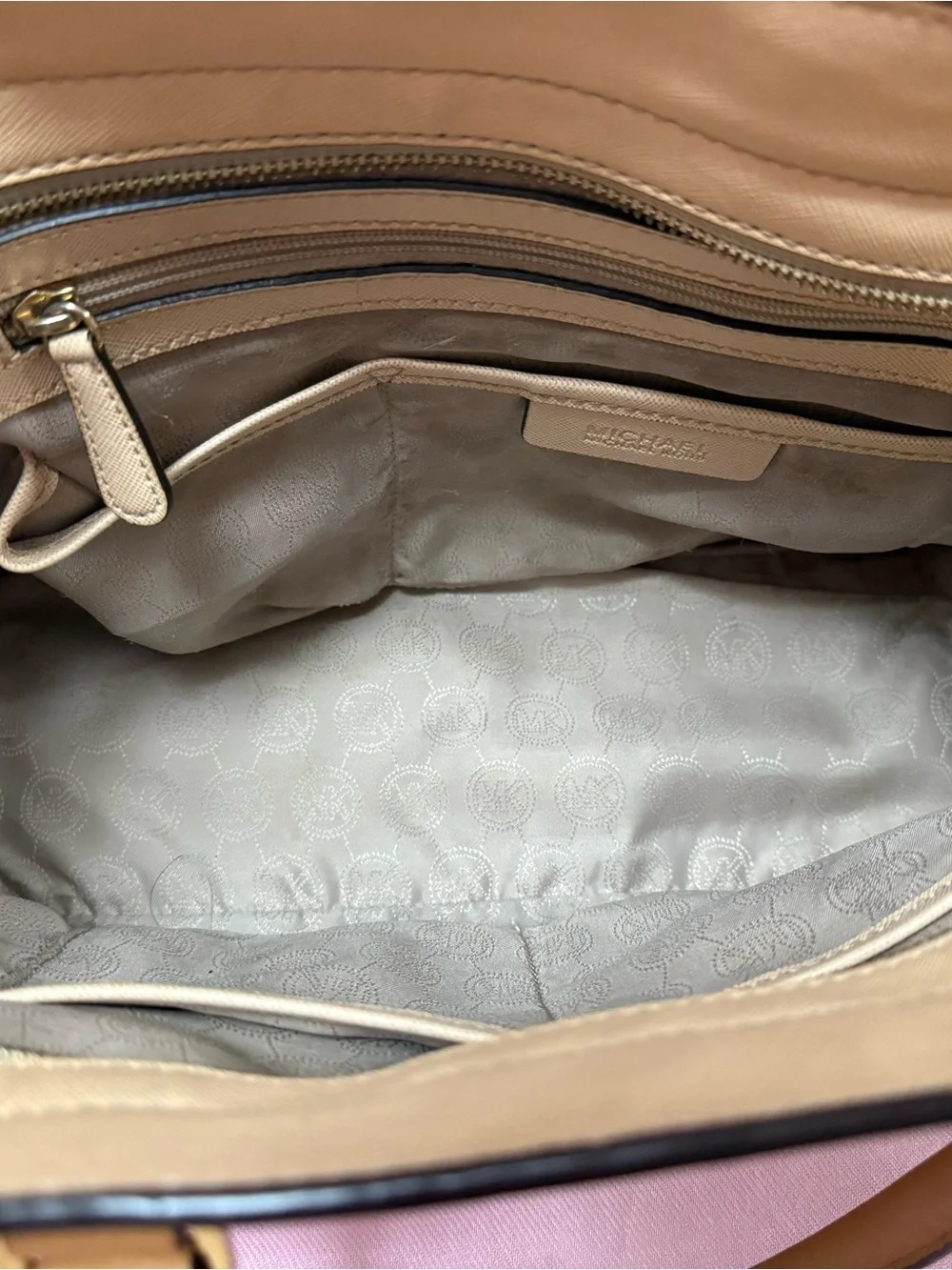 Michael Kors Selma Tan and White Saffiano Leather Satchel